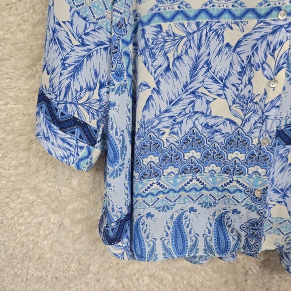 Rose Olive Top Women 2X Blue Button Up Long Sleeve Paisley Patchwork Lightweight - Picture 2 of 13